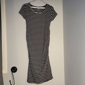 Isabel Maternity Navy Blue & White Striped Ruched Side Short Sleeve Dress Size S